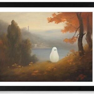 Cute Ghost Autumn Fall Castle Landscape, Halloween Spooky 8x10” framed